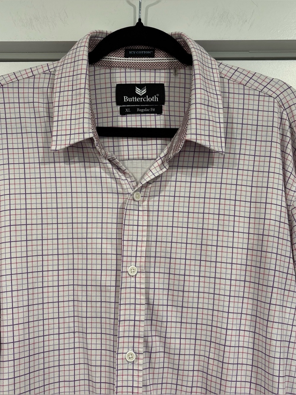 ButterCloth Men's XL Regular Fit Icy Cotton White Plaid Long Sleeve Geometric